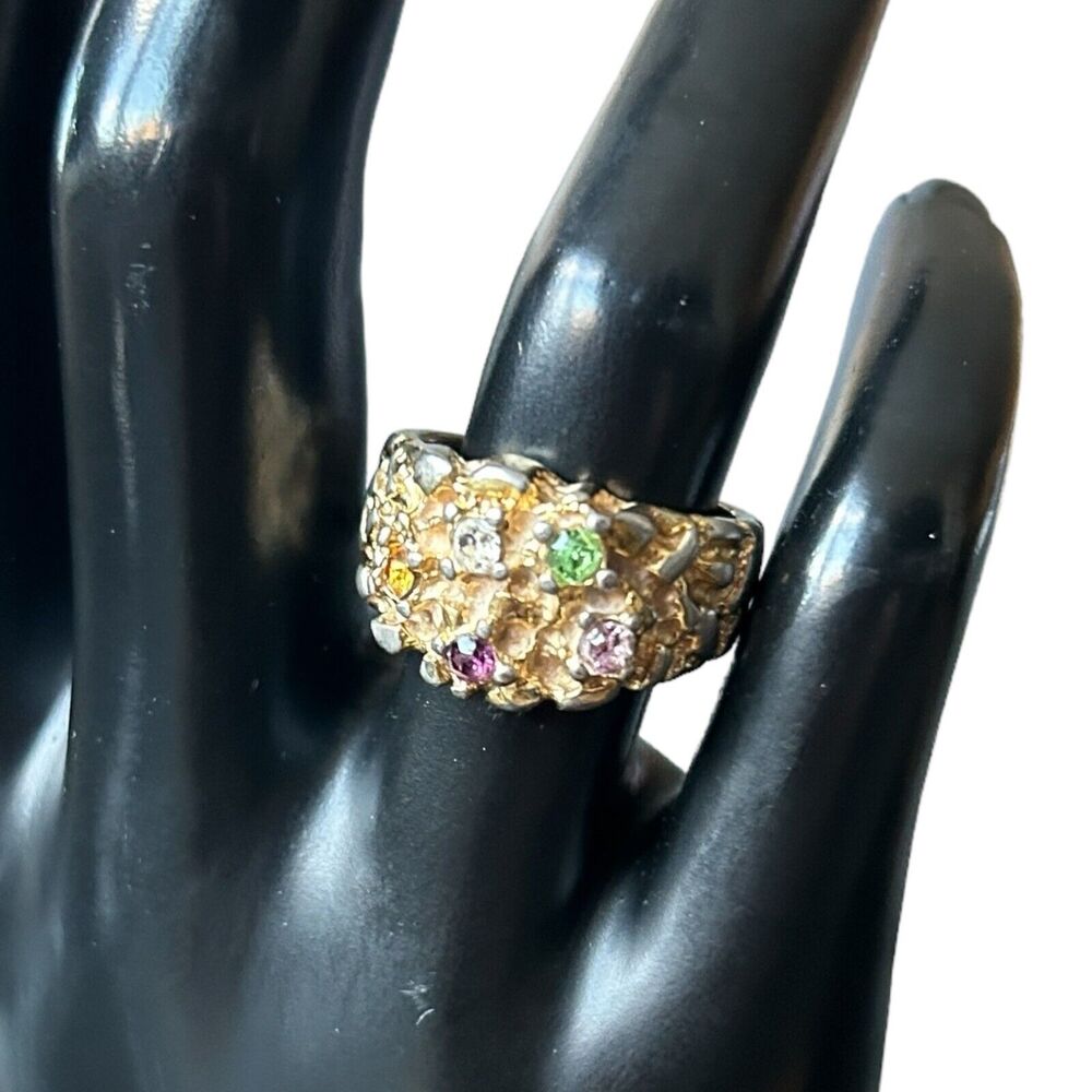 Modern Brutalist Gold Tone Ring Textured Abstract Size 7.5 Pink Green Orange
